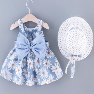 2pcs Baby Girls Sleeveless Daisy Print Back Big Bow Decor Beach Dress & Hat Set Kids Summer Clothes