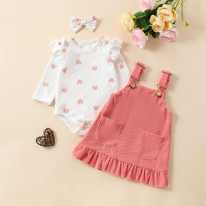 Baby toddler cute with love printed fly sleeved jumpsuit, suspender skirt, and headband three piece set