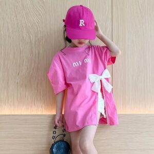 2024 Summer New Girl's Bow T-shirt length Split Korean Trendy Fashion Top Short sleeved Mid size Big Boy