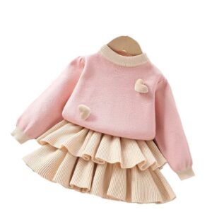 Girls' Sweater 2024 Autumn/Winter New Korean Style Solid Color Love Knitted Long Sleeve Cake Skirt Two Piece Set