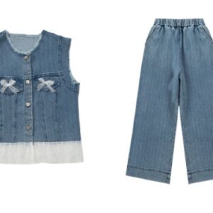 [LittleChic] Girls' Denim Vest Set - Short Sleeve Top + 9-Pants With Lace Trim | Sweet & Edgy 3-Piece Outfit For Summer