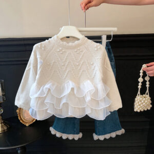 Baby Girls' Sweater Autumn And Winter Lace Stitching Thickened Warm Knit Sweater Children's Pullover Top