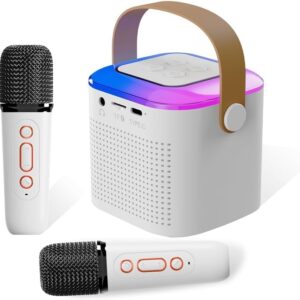 Portable Karaoke Machine with 2 Wireless Microphones, Mini Karaoke Machine with LED Lights, Bluetooth Speaker for Kids Adults Birthday Party