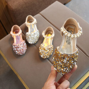 2020 Spring and Summer New Girls Leather Shoes Korean Style Baby Princess Shoes Children's Casual Shoes Sequin Shoes Pearl Dance Shoes