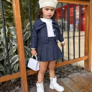 Baby Clothing Children's soft denim skirt collegiate style long sleeve top pleated skirt suit